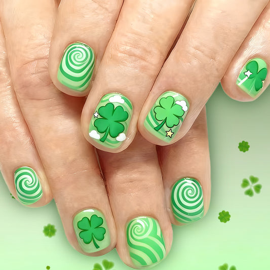 Lucky Charm Shaped Short Square Green Press On Nail Set with Whimsical Clover Designs