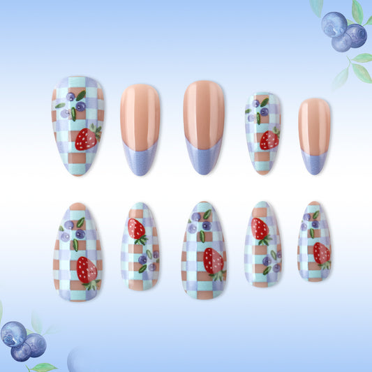 Berry Bliss Inspired Long Almond Press On Nail Set in Soft Peach and Lavender with Charming Fruit and Plaid Design