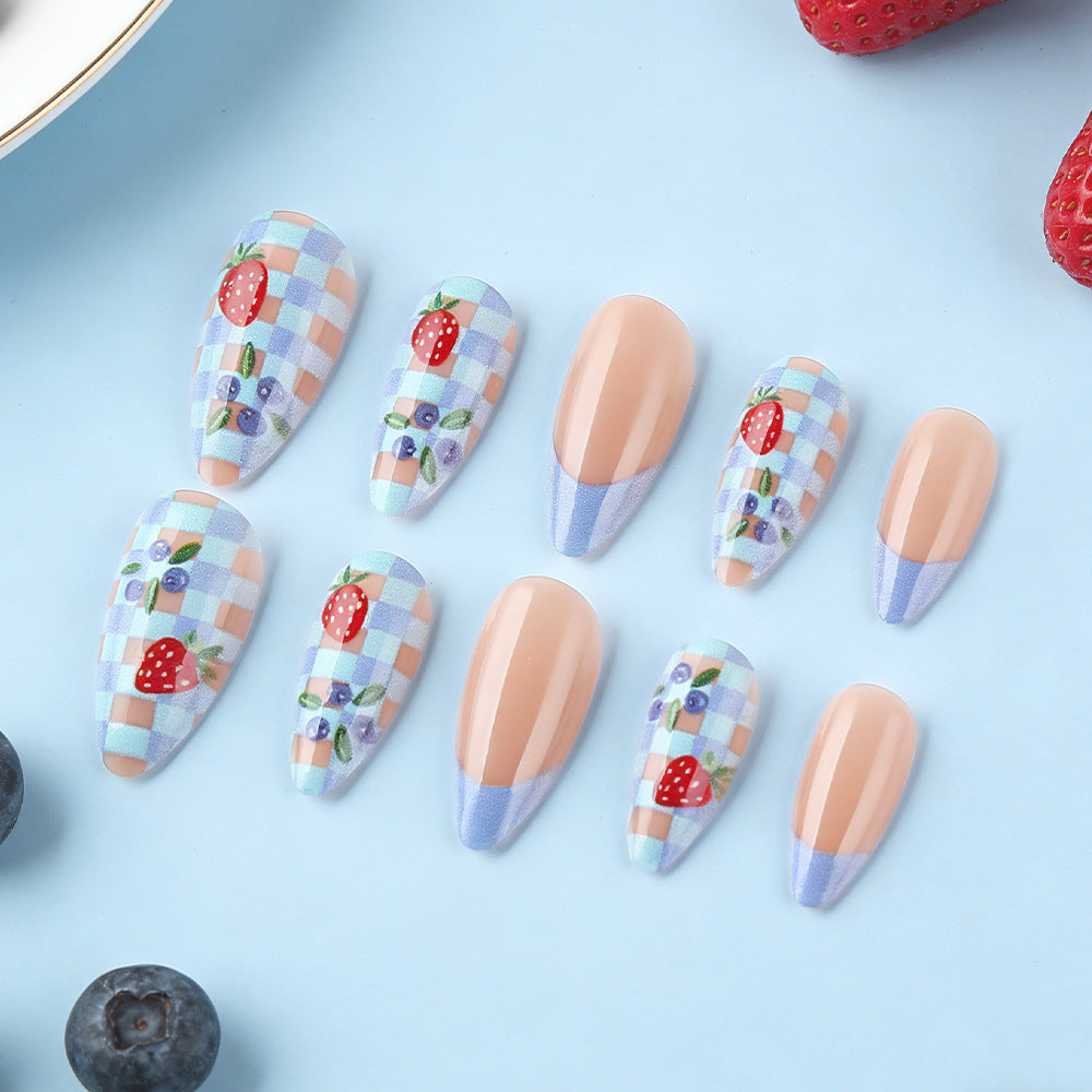 Berry Blissful Long Almond Shaped Pastel Pink and Blue Checkered Floral Press-On Nail Set