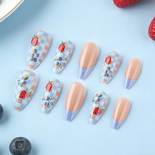 Berry Blissful Long Almond Shaped Pastel Pink and Blue Checkered Floral Press-On Nail Set
