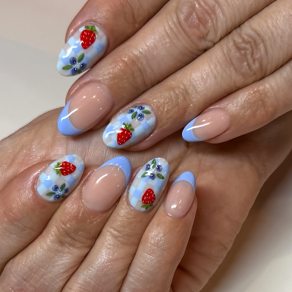 Berry Blissful Long Almond Press-on Nail Set with Blue Tips and Charming Floral Design