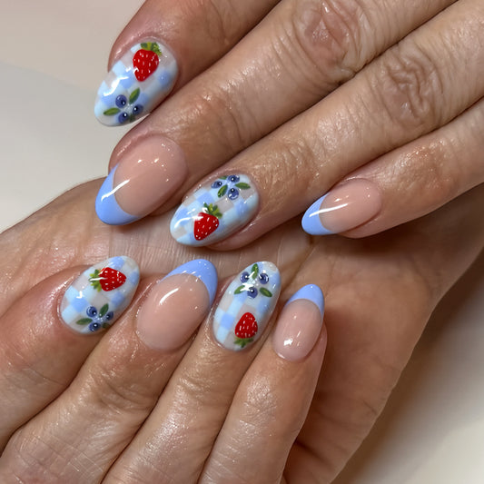 Berry Blissful Long Almond Press-on Nail Set with Blue Tips and Charming Floral Design