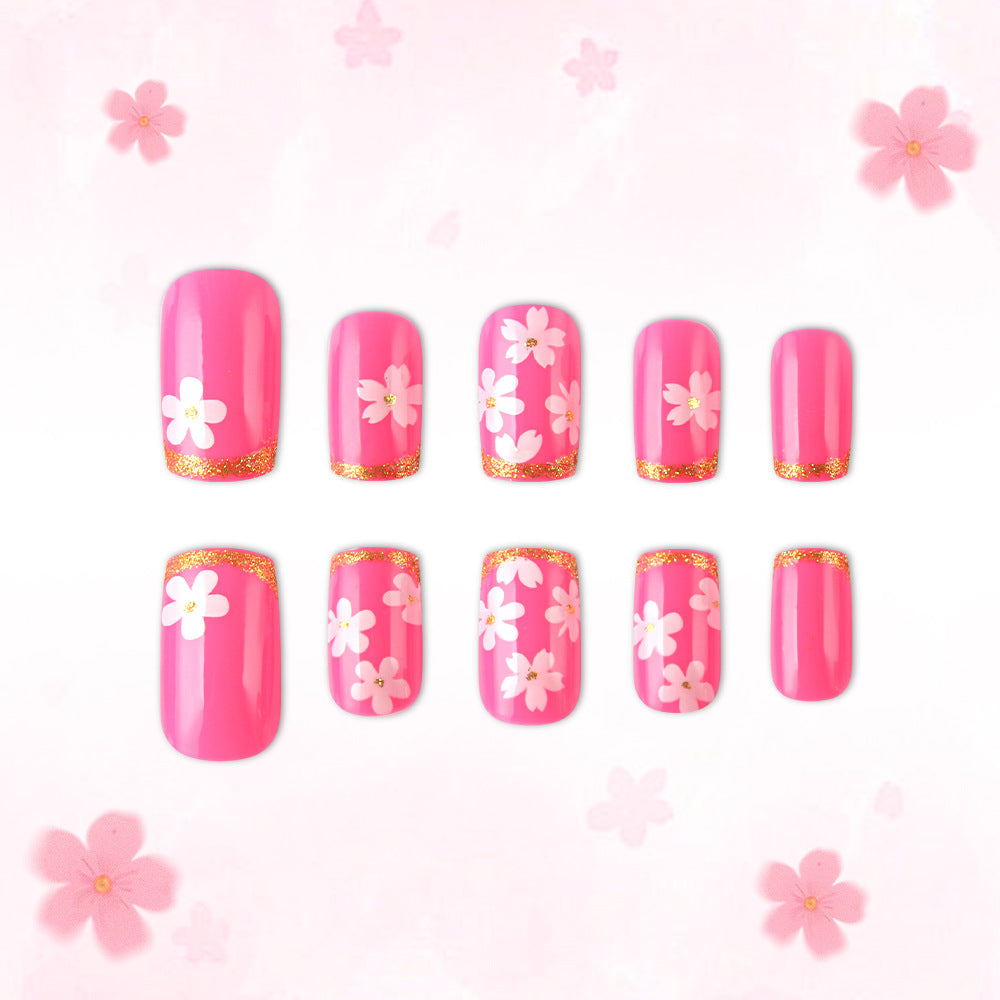 Cherry Blossom Dreamy Long Square Pink Floral Nail Set with Glittery Gold Tips