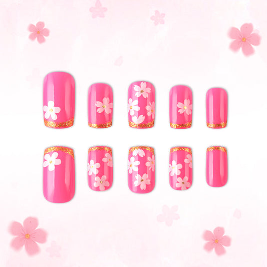 Cherry Blossom Dreamy Long Square Pink Floral Nail Set with Glittery Gold Tips