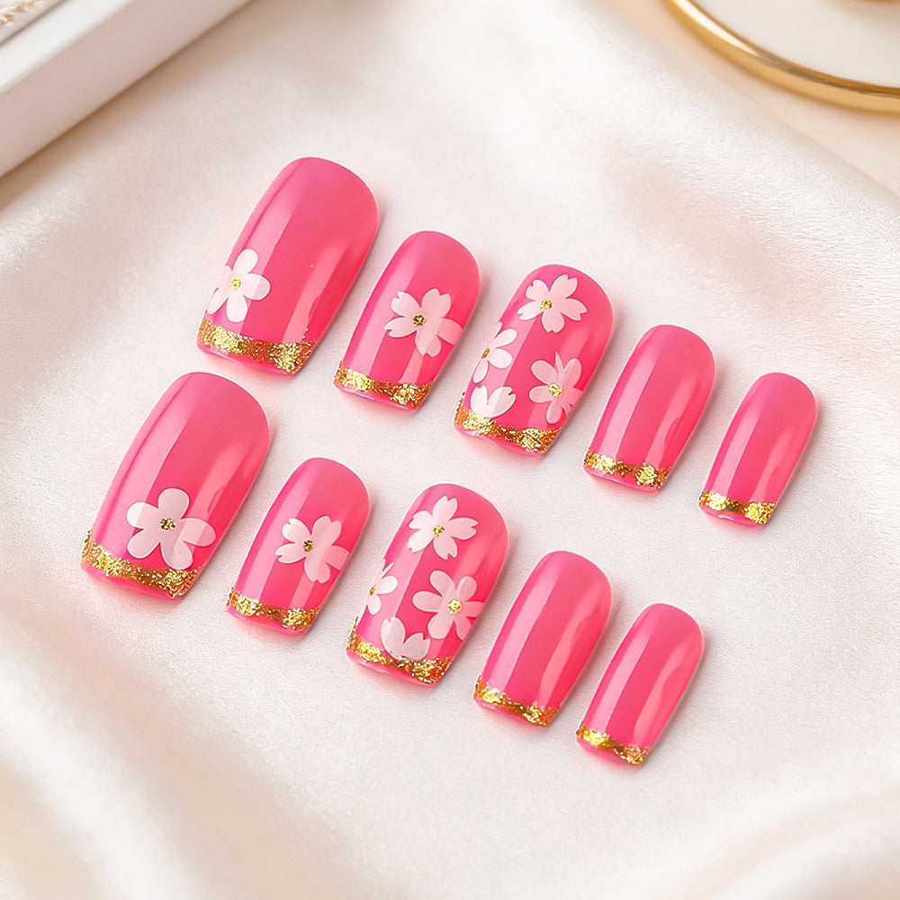 Blossoming Elegance Long Square Pink Press On Nail Set with Floral Design and Glitter Tips