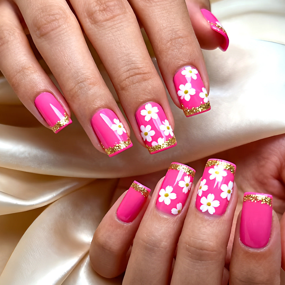 Blossom Paradise Long Square Hot Pink with Daisies and Sparkling Gold Tips Press On Nail Set