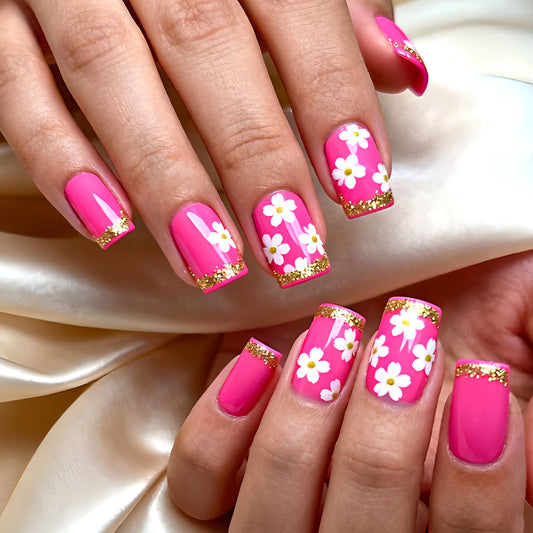 Blossom Paradise Long Square Hot Pink with Daisies and Sparkling Gold Tips Press On Nail Set
