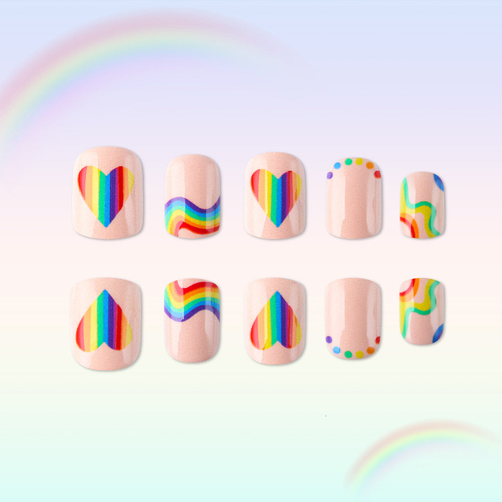 Rainbow Dreams Short Square Pastel Press On Nail Set with Vibrant Heart and Wave Designs