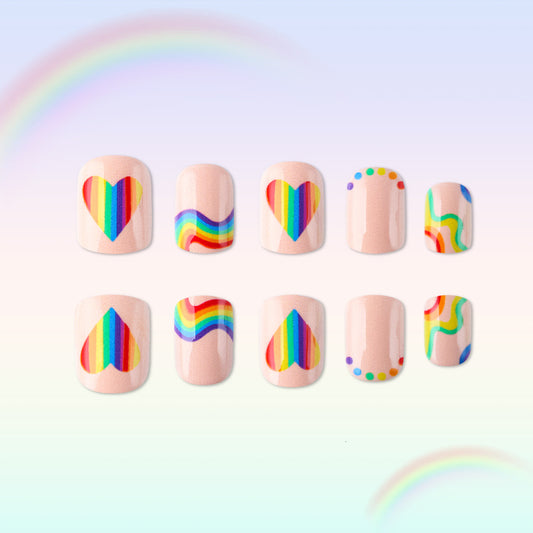 Rainbow Dreams Short Square Pastel Press On Nail Set with Vibrant Heart and Wave Designs