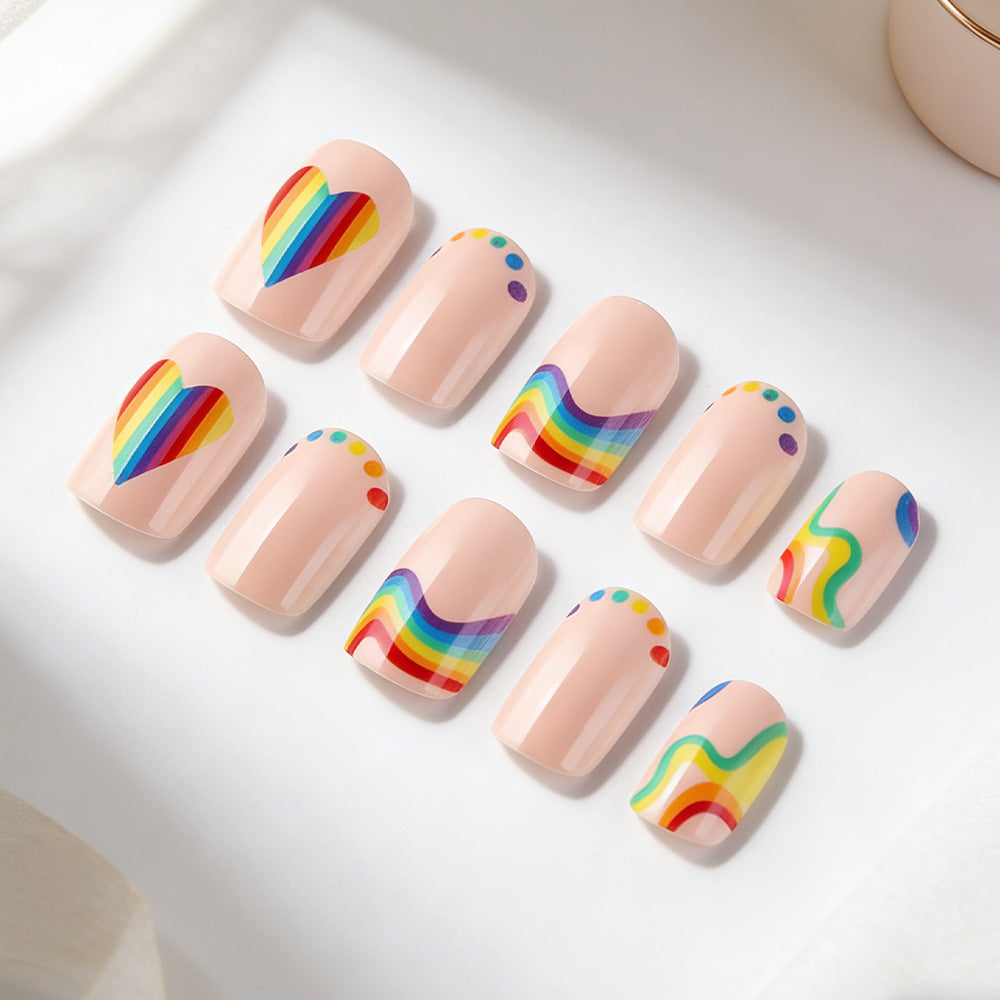 Rainbow Delight Short Square Pastel Pink with Colorful Heart and Wave Designs Press On Nail Set