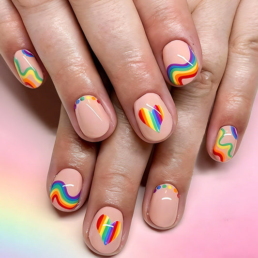 Rainbow Bliss Squoval Short Colorful Press-On Nail Set with Playful Heart Patterns and Wavy Design