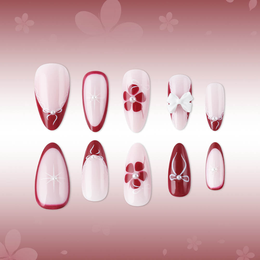 Romantic Blossom Dream Long Almond Cherry Red and Soft Pink Press on Nail Set Featuring Elegant Floral and Pearl Accents