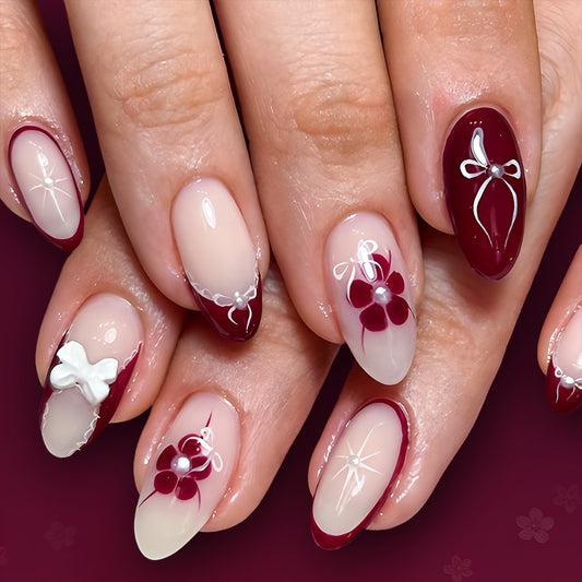 Charming Floral Elegance Long Almond Burgundy Ombre Press-On Nail Set with Bow and Pearl Accents