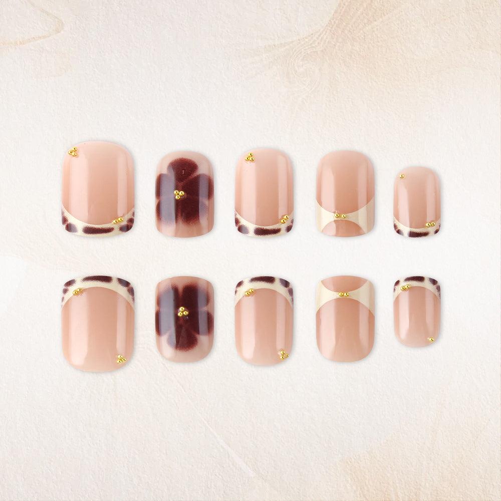 Safari Chic Glossy Short Square Beige and Brown Animal Print with Gold Accents Press On Nail Set