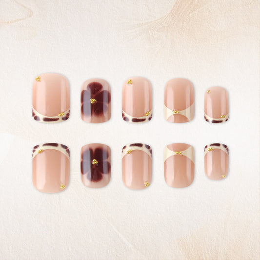 Safari Chic Glossy Short Square Beige and Brown Animal Print with Gold Accents Press On Nail Set