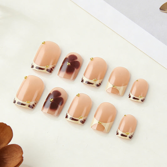 Safari Chic Short Square Beige Press On Nails with Leopard Print and Gold Details