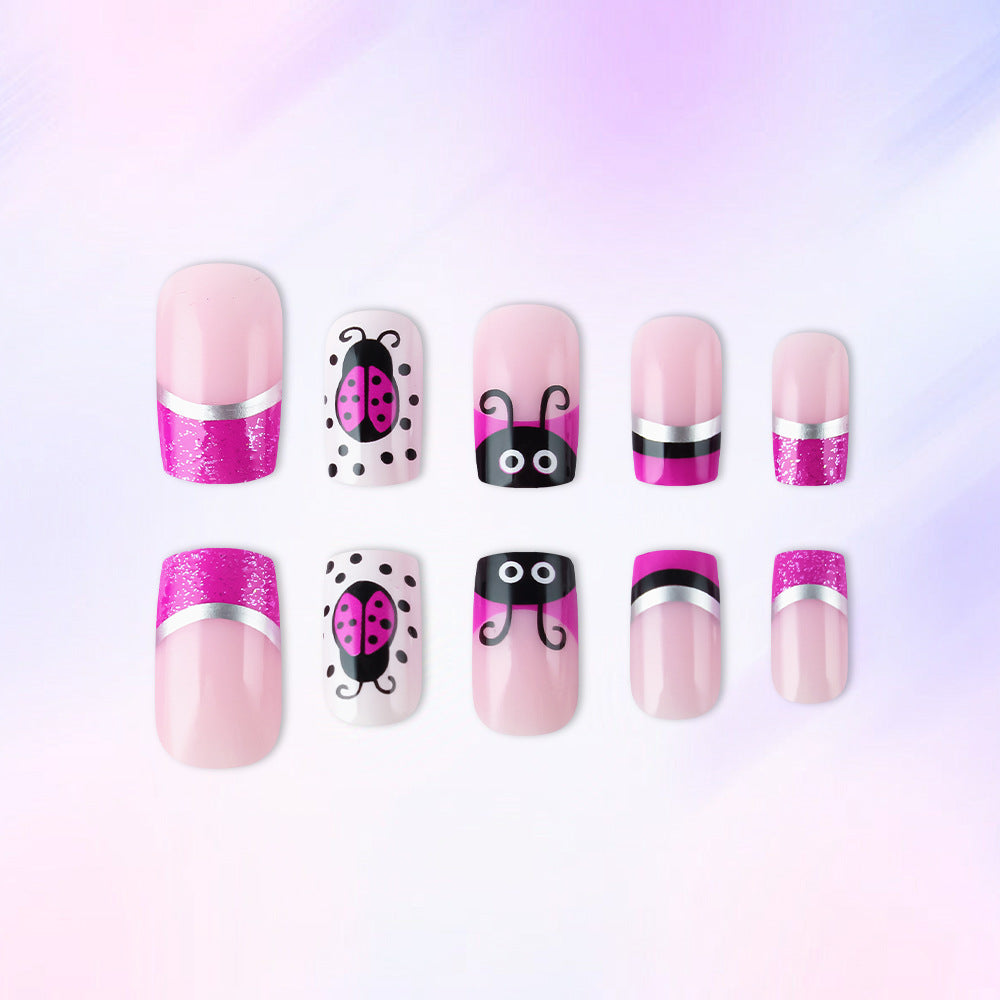 Whimsical Garden Short Square Pink with Glitter and Fun Insect Designs Press On Nail Set