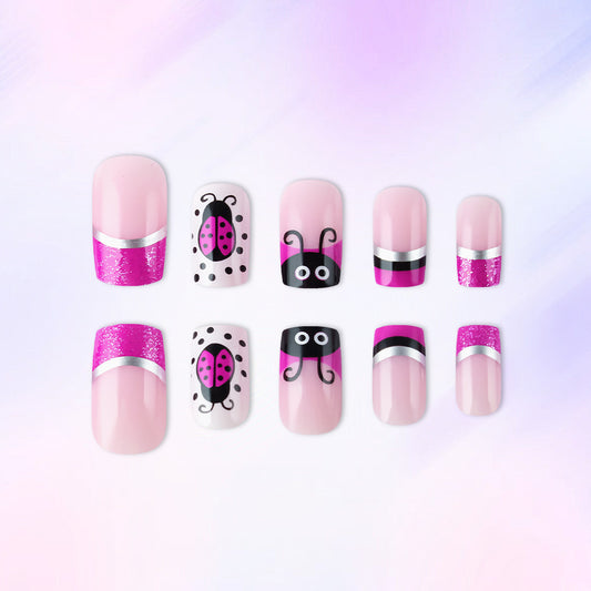 Whimsical Garden Short Square Pink with Glitter and Fun Insect Designs Press On Nail Set