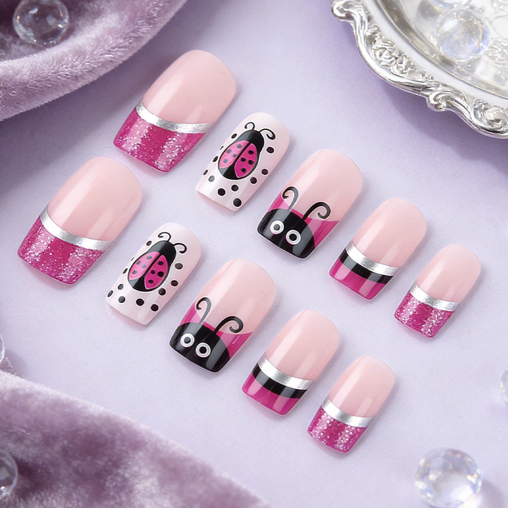 Charming Ladybug Dreams Short Square Pink Press On Nail Set with Glitter Accent and Playful Insect Designs