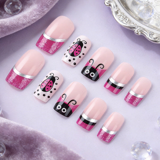 Charming Ladybug Dreams Short Square Pink Press On Nail Set with Glitter Accent and Playful Insect Designs