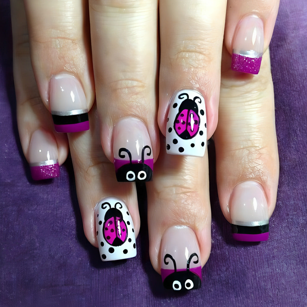 Ladybug Charm Medium Square Pink and Black French Tip with Sparkling Glitter Detail Press-On Nail Set