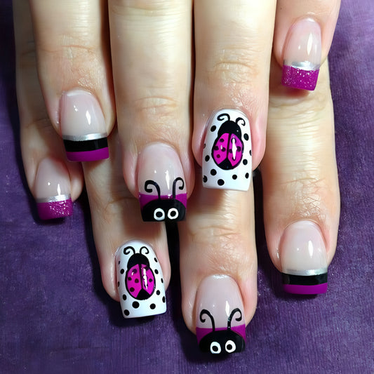 Ladybug Charm Medium Square Pink and Black French Tip with Sparkling Glitter Detail Press-On Nail Set