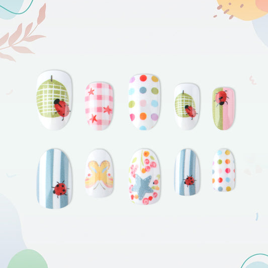 Whimsical Garden Inspired Medium Oval Colorful Press-On Nail Set with Charming Insect Prints