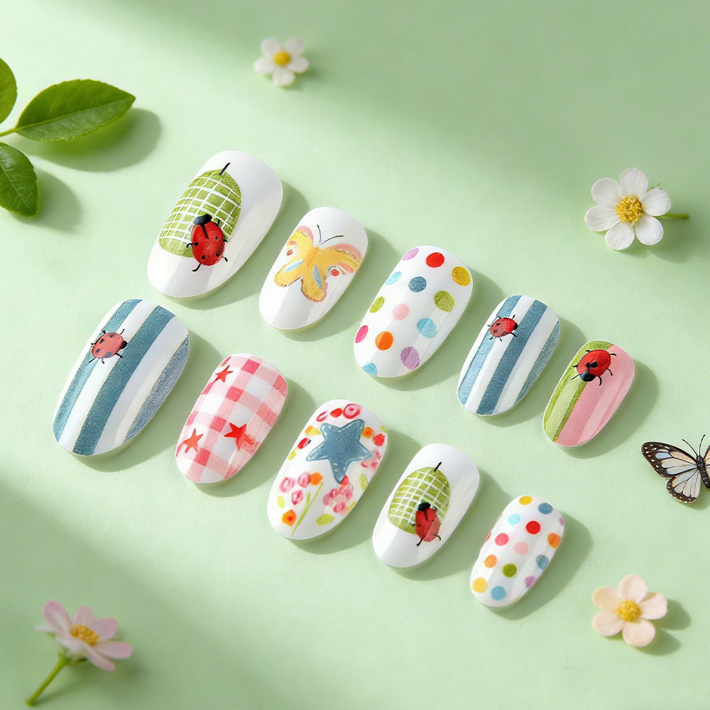 Whimsical Garden Dream Medium Oval Colorful Floral and Ladybug Pattern Press on Nail Set