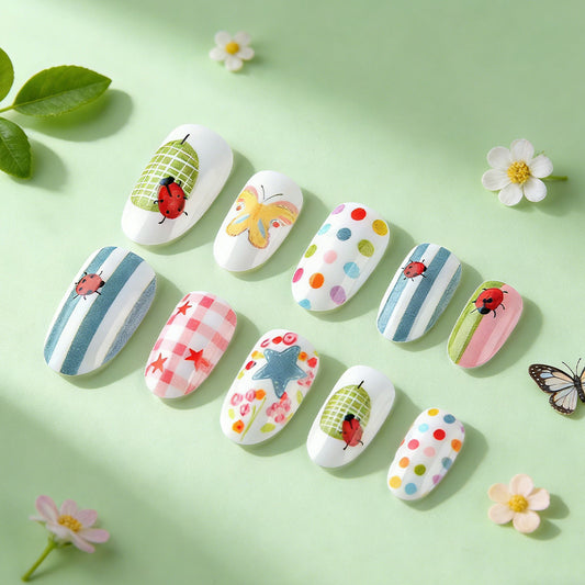 Whimsical Garden Dream Medium Oval Colorful Floral and Ladybug Pattern Press on Nail Set