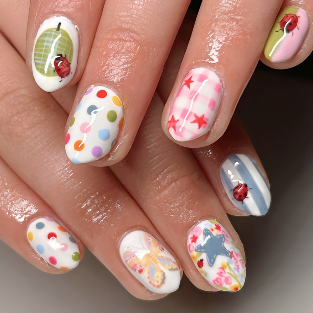 Whimsical Garden Medium Oval Colorful With Fun Ladybug and Butterfly Accents Press On Nail Set