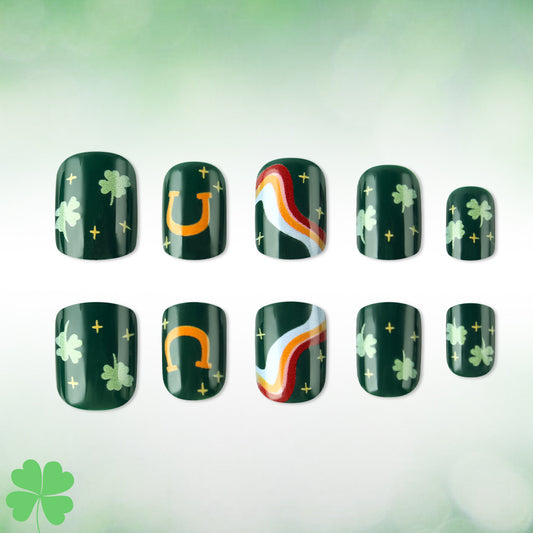 Luck of the Irish Press on Nail Set in Deep Green Short Square Shape with Lucky Clover Designs and Rainbow Accents