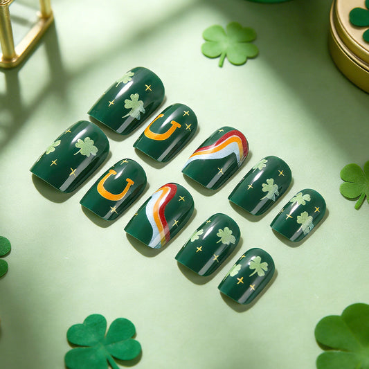 Luck of the Irish Green Short Square Press-On Nail Set Featuring Rainbow and Clover Designs