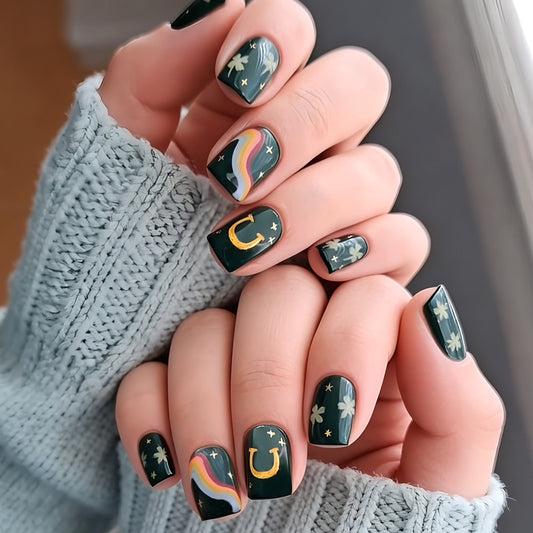 Mystical Forest Themed Green Short Square Press On Nail Set with Rainbow and Glitter Details