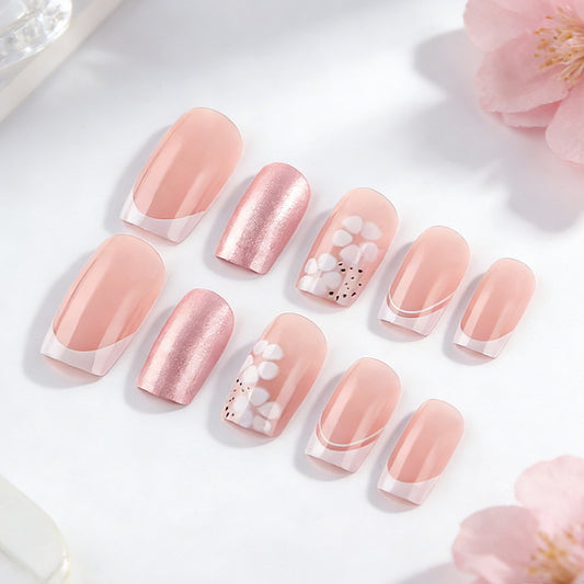 Blossom Dream Press On Nail Set Short Square Pink with Floral Accents