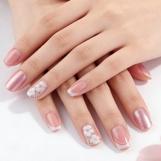 Elegant Garden Press On Nail Set Short Square Pink with Floral Accent Design