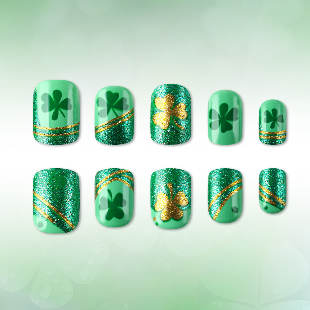 Lucky Charm Emerald Green Glitter Short Square Press On Nail Set with Clover Design and Shimmering Gold Accents