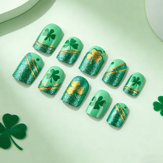 Lucky Inspiration Green Glitter Press On Nail Set Short Square Shaped Radiant Emerald with Golden Accents and Shamrock Design