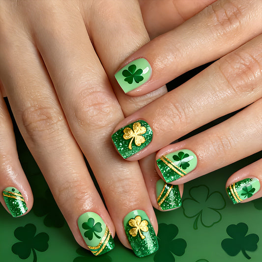 Lucky Clover Green Short Square Press On Nail Set with Gold Glitter Accents