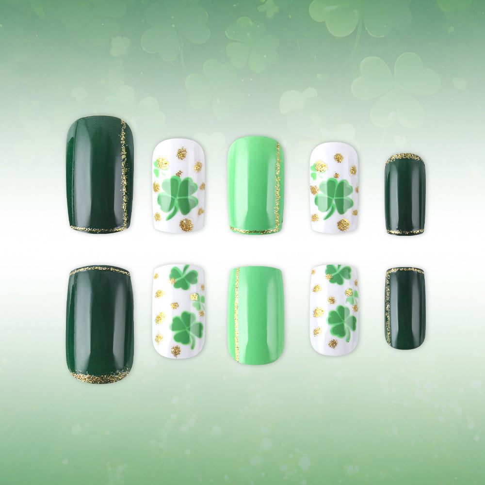 Lucky Charm Vibrant Green Medium Square Nail Set with Shamrock Design and Golden Accents