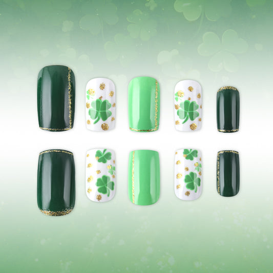 Lucky Charm Vibrant Green Medium Square Nail Set with Shamrock Design and Golden Accents