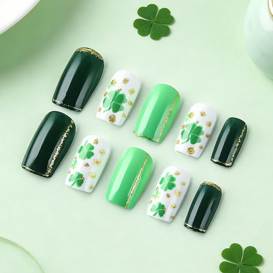 Lucky Charm St. Patrick’s Day Press-On Nail Set Medium Square Deep Green and Vibrant Green with Gold Accents and Shamrock Design