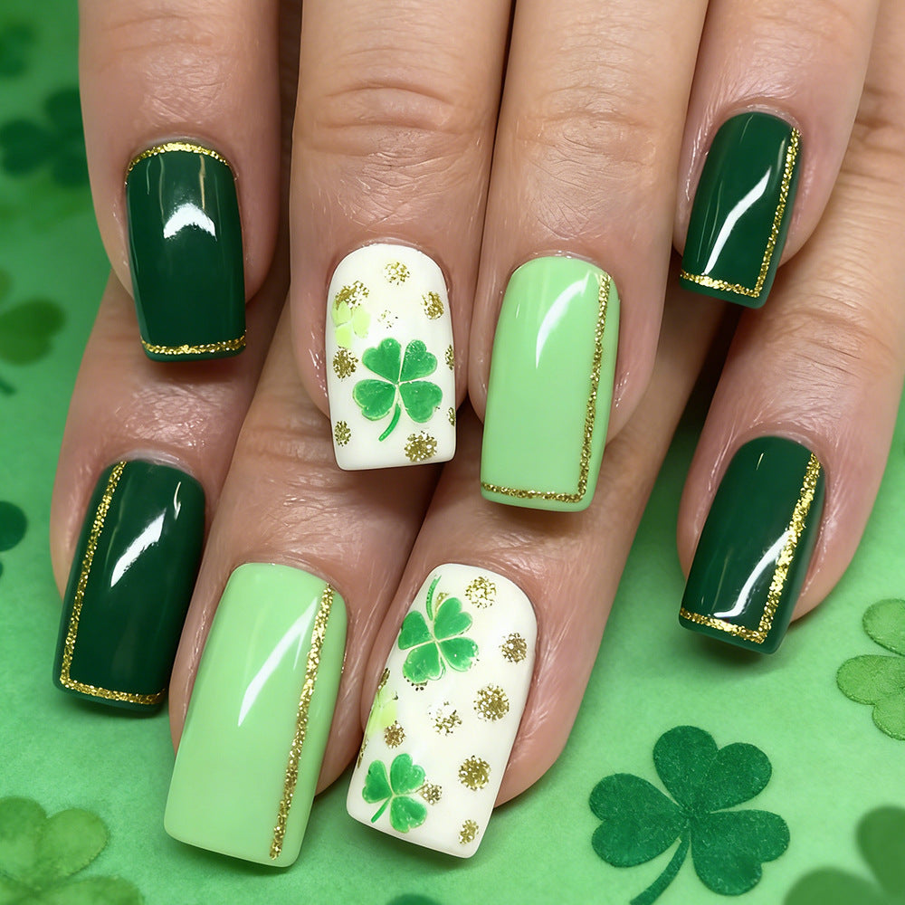 Lucky Charm Medium Square Green Glitter and Shamrock Press On Nail Set