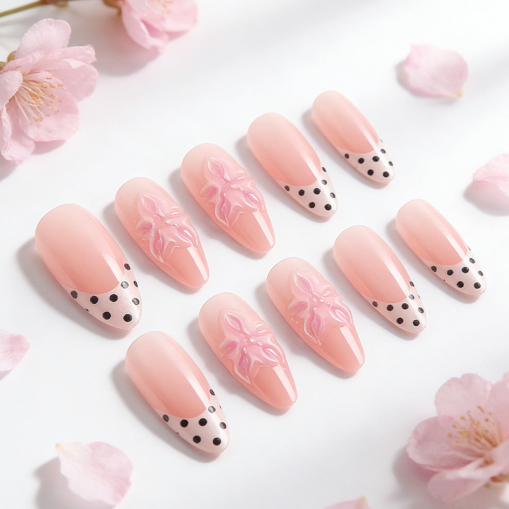 Blossom Dreams Long Almond Pink Nails with Floral Embellishments and Polka Dot Design