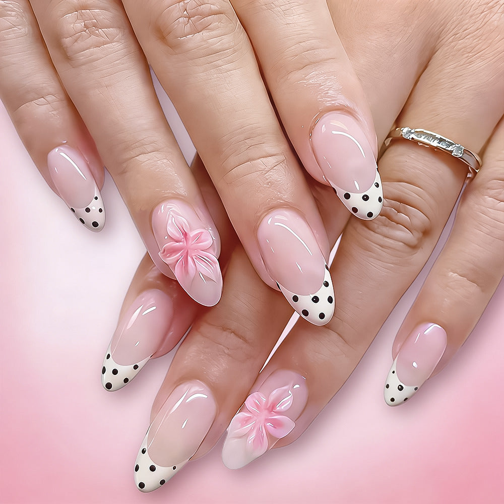 Floral Fantasy Long Almond Shaped Pink with Black Polka Dots and Charming Bow Detail Press On Nail Set