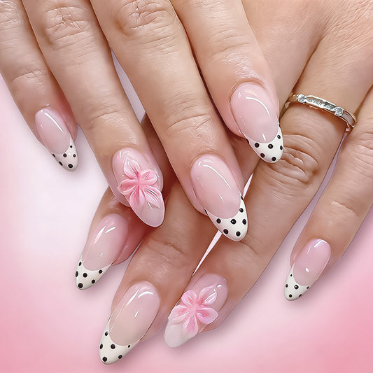 Floral Fantasy Long Almond Shaped Pink with Black Polka Dots and Charming Bow Detail Press On Nail Set