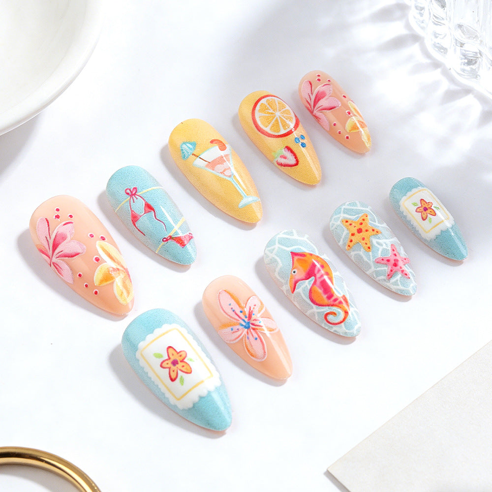Sunny Beach Vibes Long Almond Light Blue and Peach Gradient with Colorful Tropical Patterns Press-On Nail Set