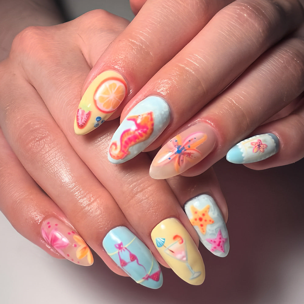 Tropical Paradise Long Almond Press On Nail Set in Pastel Colors with Fun Summer Designs