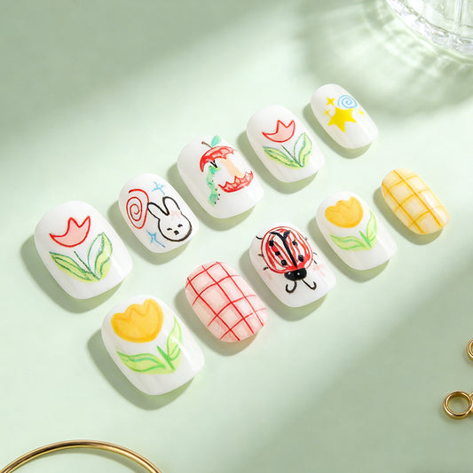 Whimsical Spring Inspired Short Square White Nail Set with Playful Floral and Animal Designs