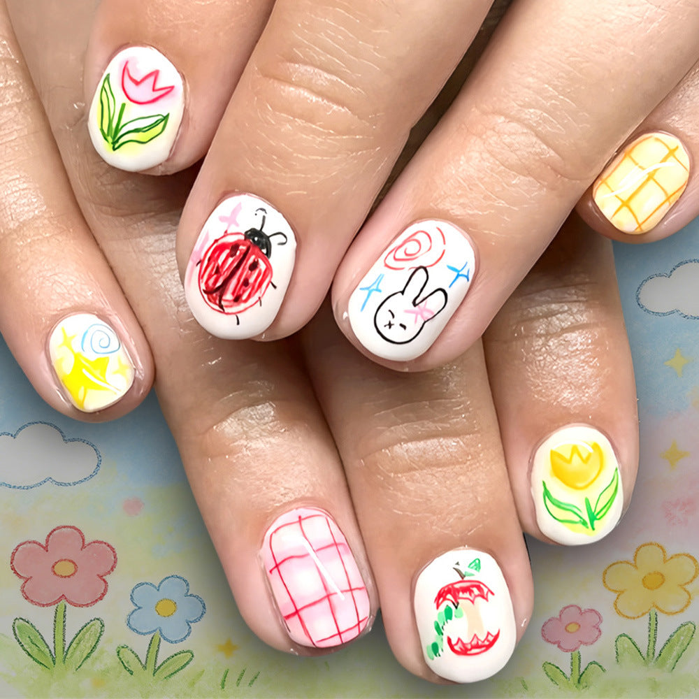 Whimsical Garden Short Square White Colorful Character Press On Nail Set