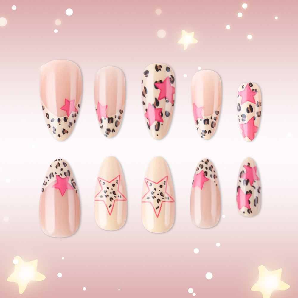Starry Safari Long Almond Pink and Beige Leopard Print Press-On Nail Set with Fun Star Accent